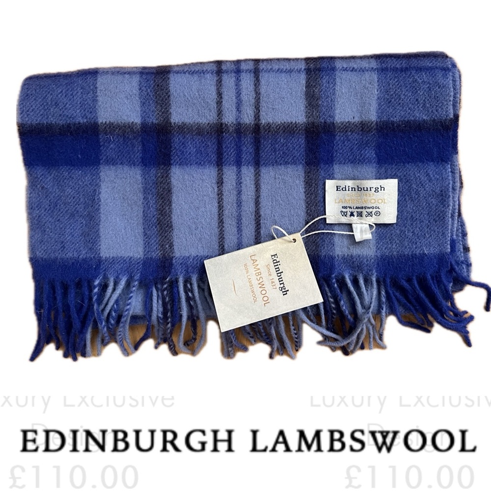 🐑🏴󠁧󠁢󠁳󠁣󠁴󠁿NEW Lambswool Blue Tartan Plaid Wool Scarf with Fringe by Edinburgh